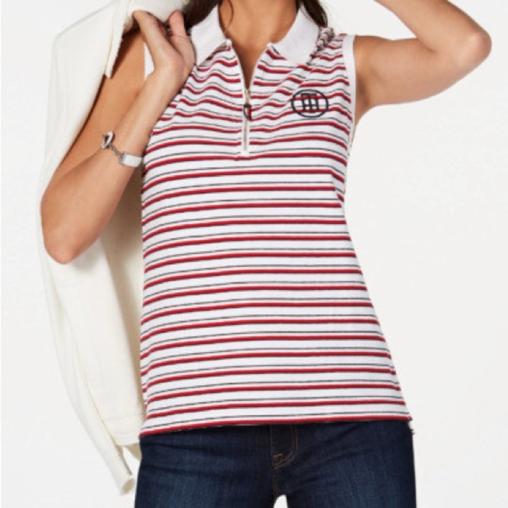 Tommy Hilfiger Striped Cotton Sleeveless Polo Top with Zip Closure Women's 2X